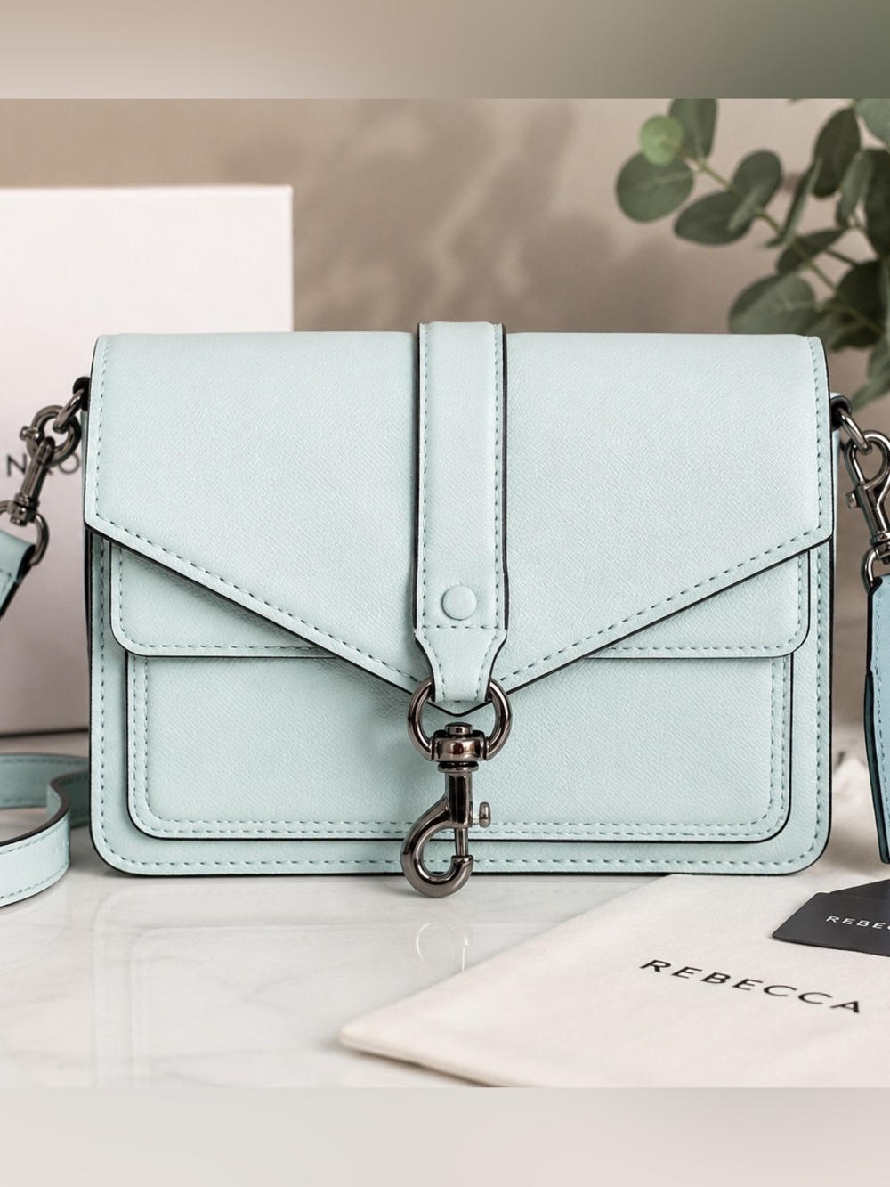 Rebecca Minkoff Hudson Moto Mini Crossbody Bag NWT Mint Blue Saffiano Leather